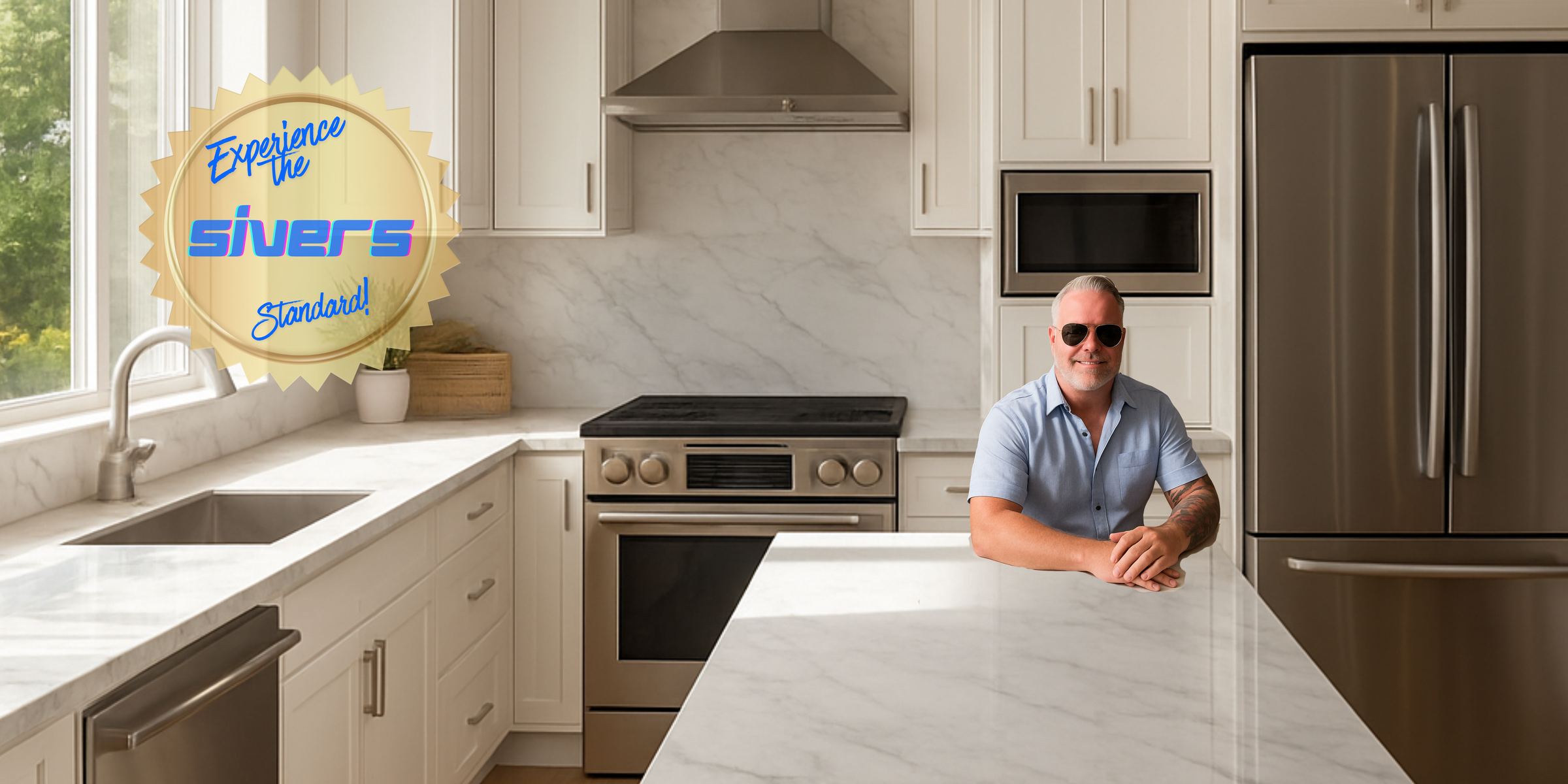 Jay Sivers in a finished kitchen, with the Experience the Sivers Standard badge